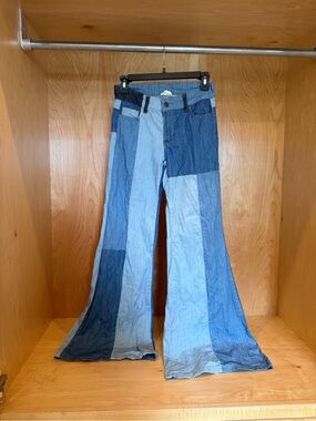 Patchwork Flare Jeans in Mixed Blue - Women’s Wide Leg